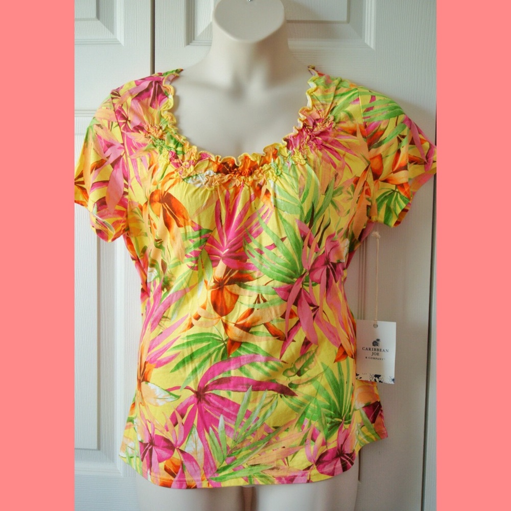 🆕 Tropical Print Ruffle Neck Shirt🌴🌺🌼🌸