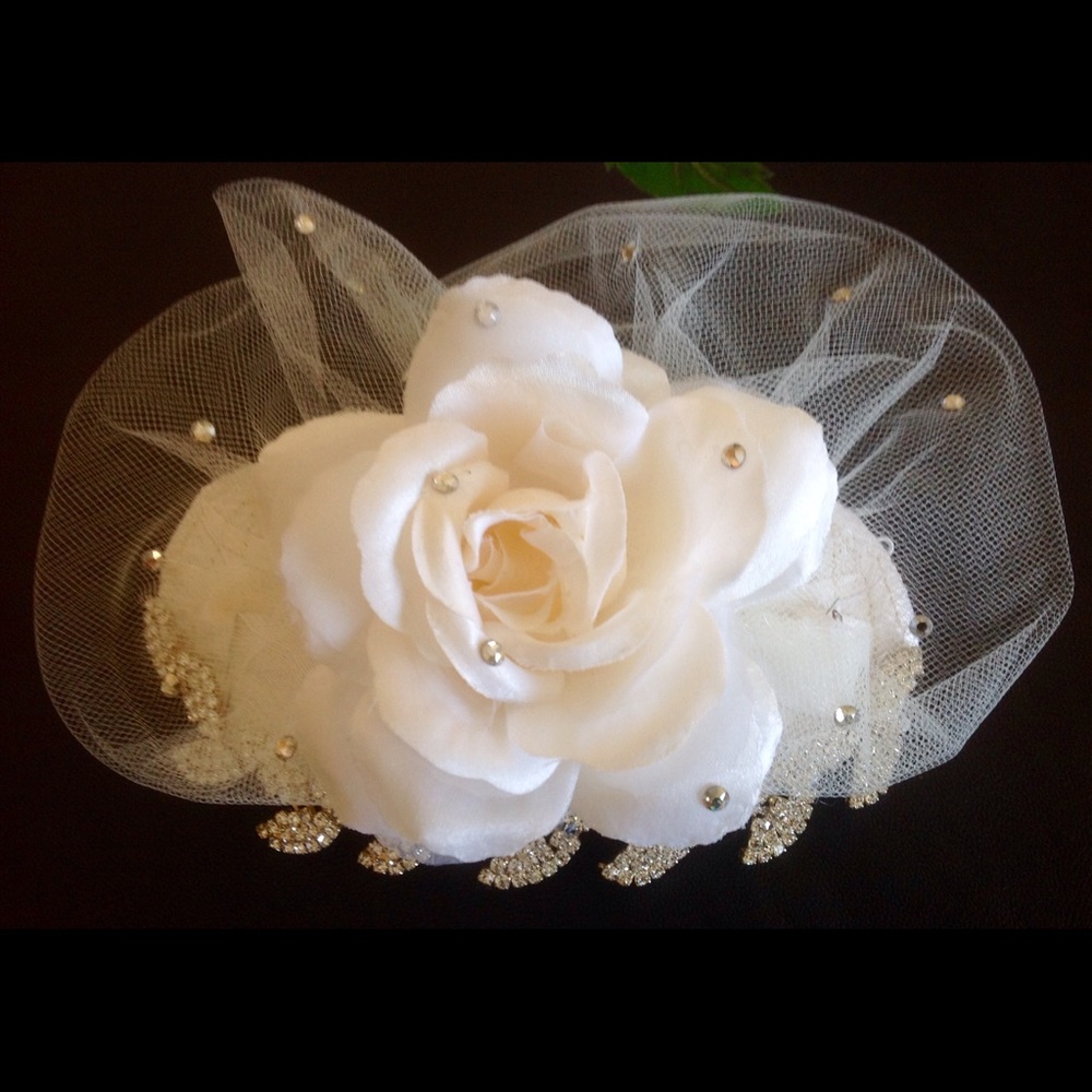 White silk flower + Swarovski crystals  hair clip