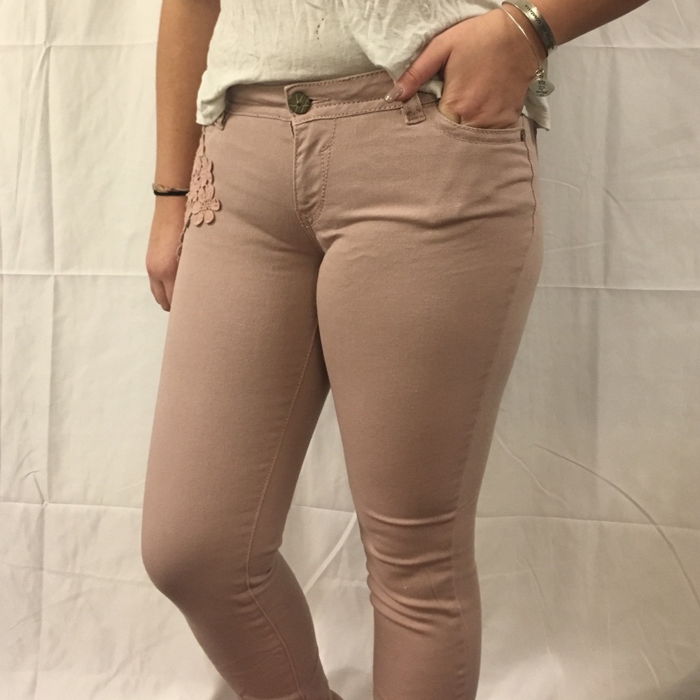 Floral embroidered pink jeans