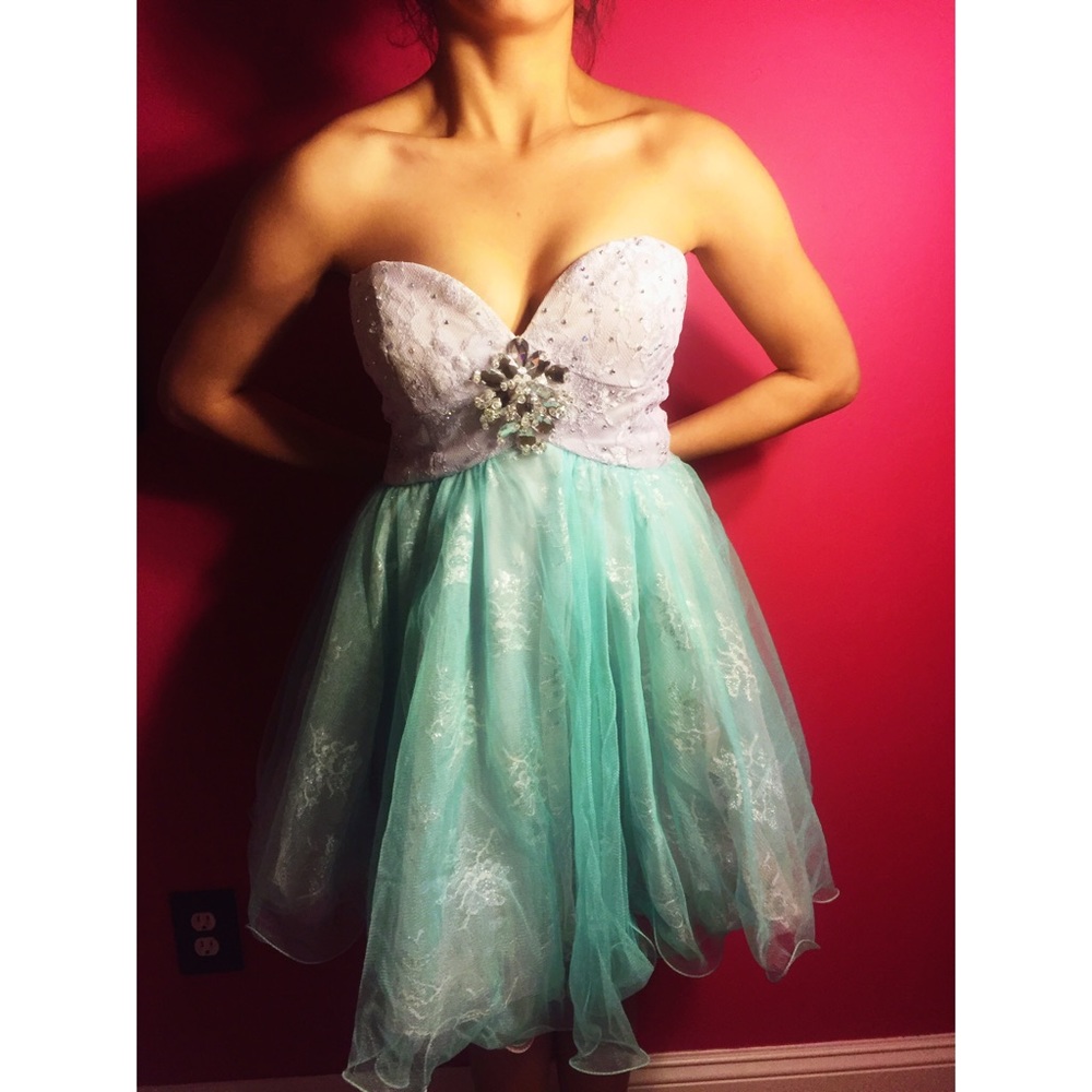 Sherri Hill turquoise and pink short tulle dress