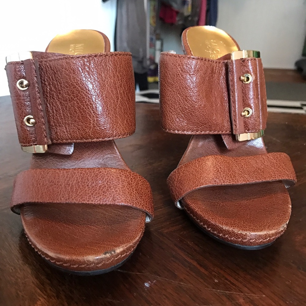 Michael Kors Leather Backless Heels w/ Gold Buckle