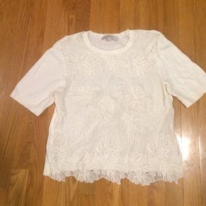 LOFT White Short Sleeve Top with Lace Front