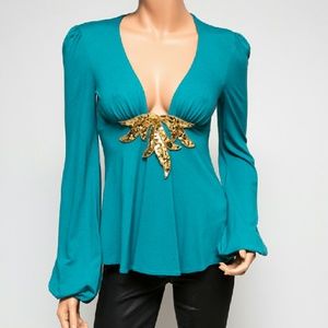 Ingwa Melero Teal T-Shirt Jersey Bishop Sleeve Top