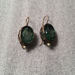 Green glass cameo earrings in Sterling silver