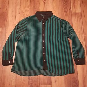 Green & Black Striped Long Sleeve Blouse