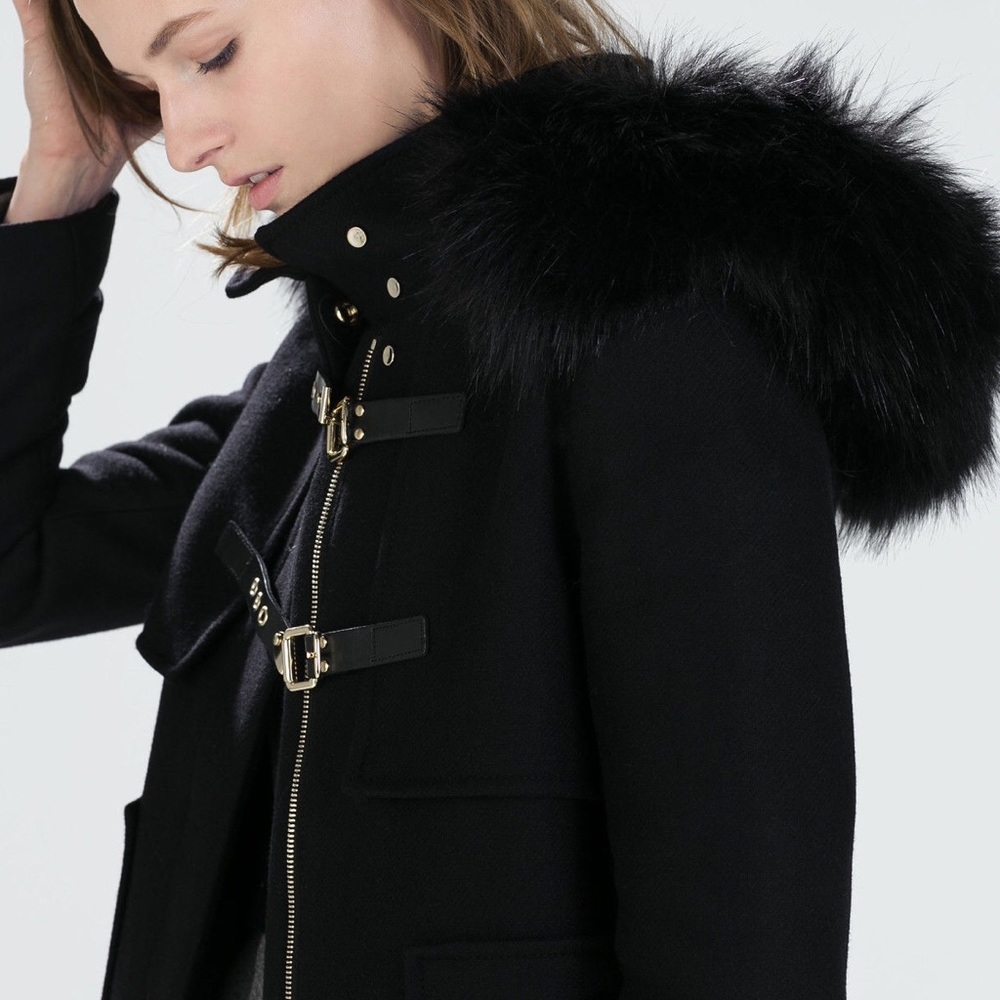 Zara black coat with faux fur hood