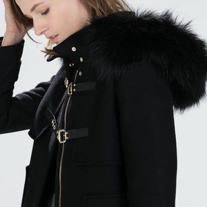 Zara black coat with faux fur hood