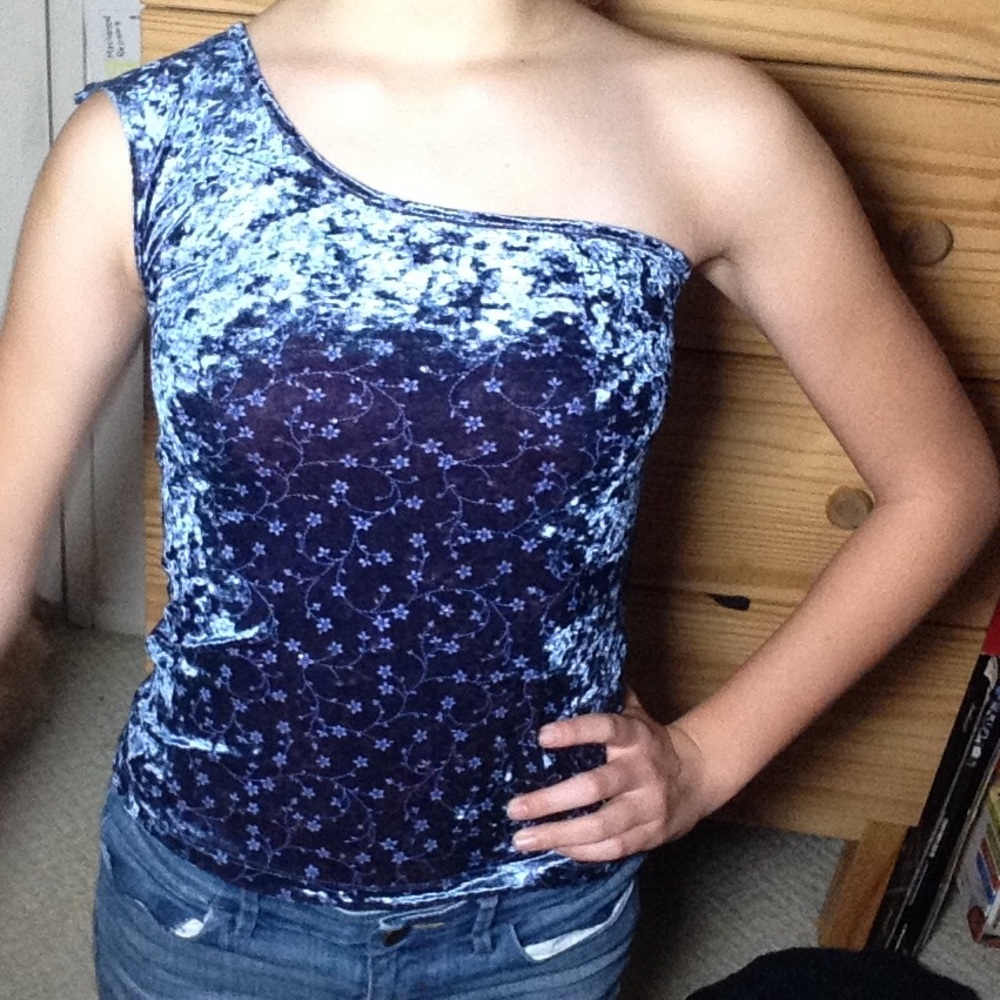 cute one shoulder sparkly blue shirt