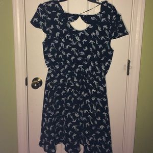 Navy blue, midi, dress with blue bird design.