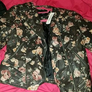 Brown floral "leather"moto jacket