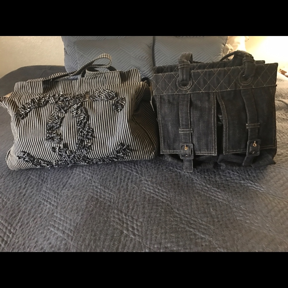 Blue and white striped Chanel tote