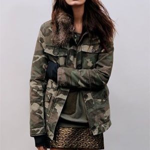 Camo Faux Fur Collar Coat