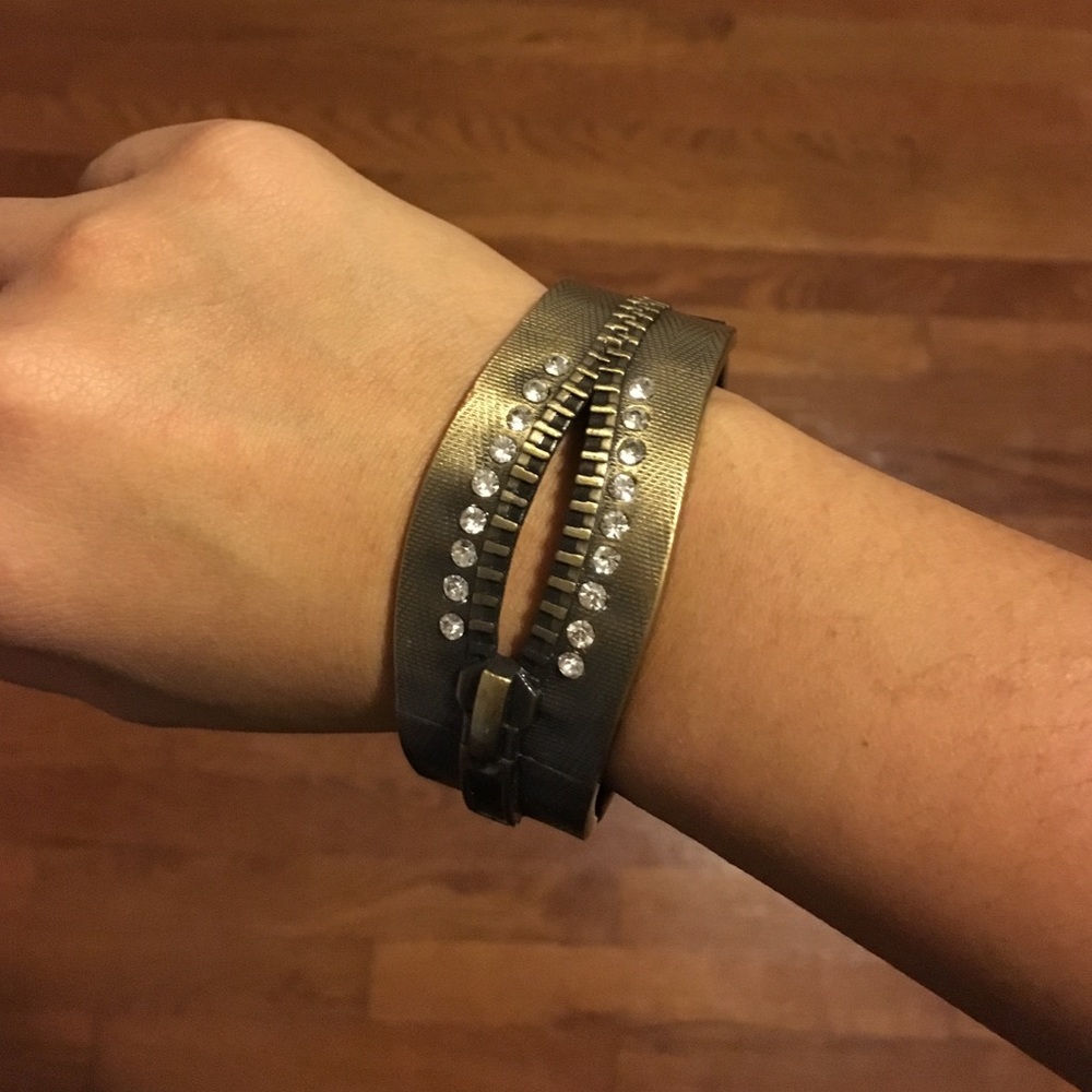Brass bracelet with zipper design, rhinestones