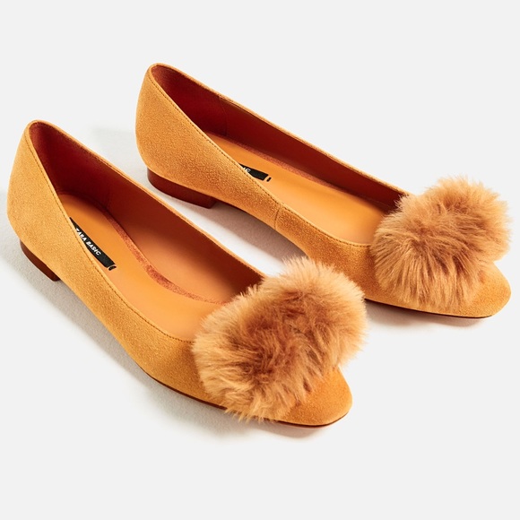 Zara Shoes - ZARA POMPOM DETAIL LEATHER FLATS