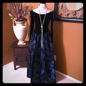 Black Velvet & Blue Taffeta Evening Gown
