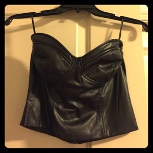 Black faux leather strapless top