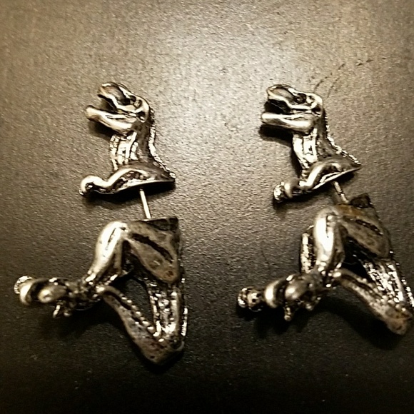 Antique Silver Dinosaur Earrings - Picture 2 of 2