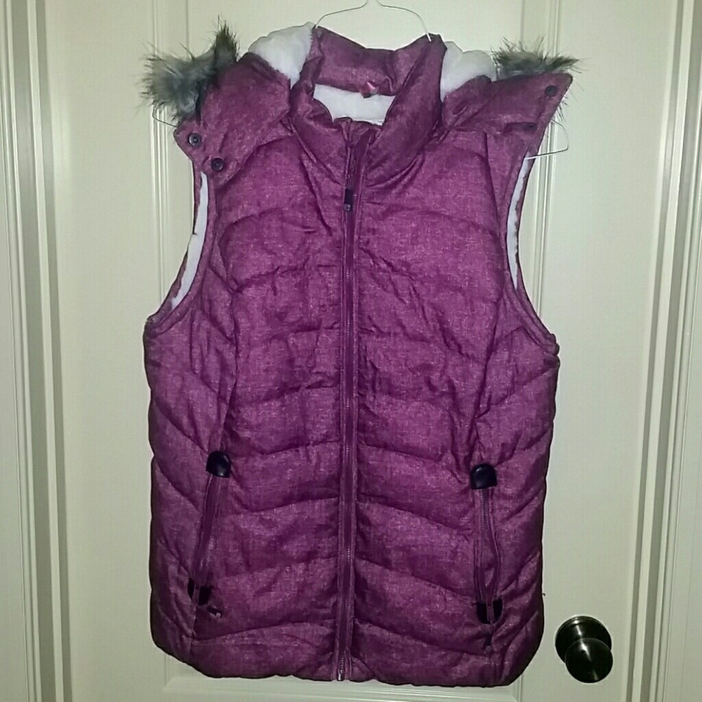 Purple hooded fluffy vest