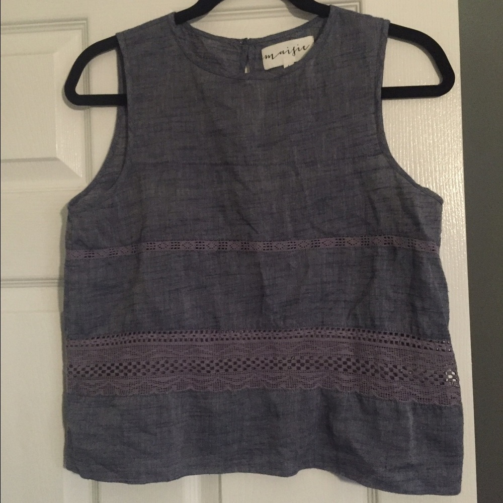 Blue denim with lace cutout top