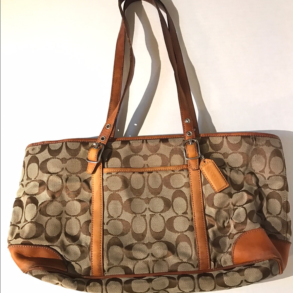 COACH Signature khaki brown leather shoulder bag