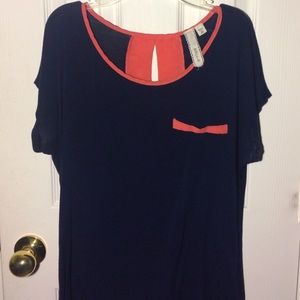 Navy blue and salmon, shirt sleeves blouse.