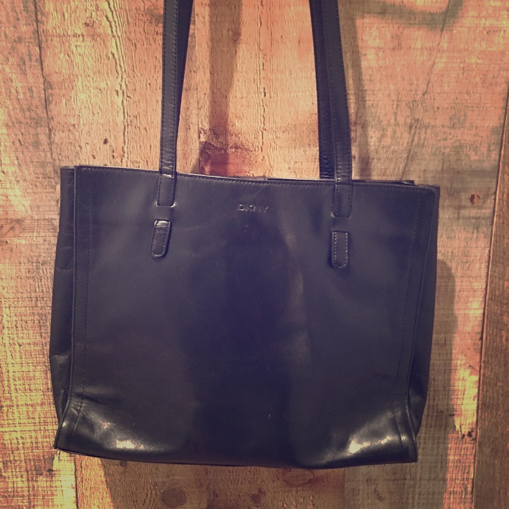 Classic 1997 DKNY black leather tote.