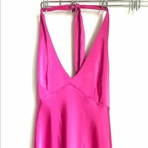 Fusia satin halter maxi dress.