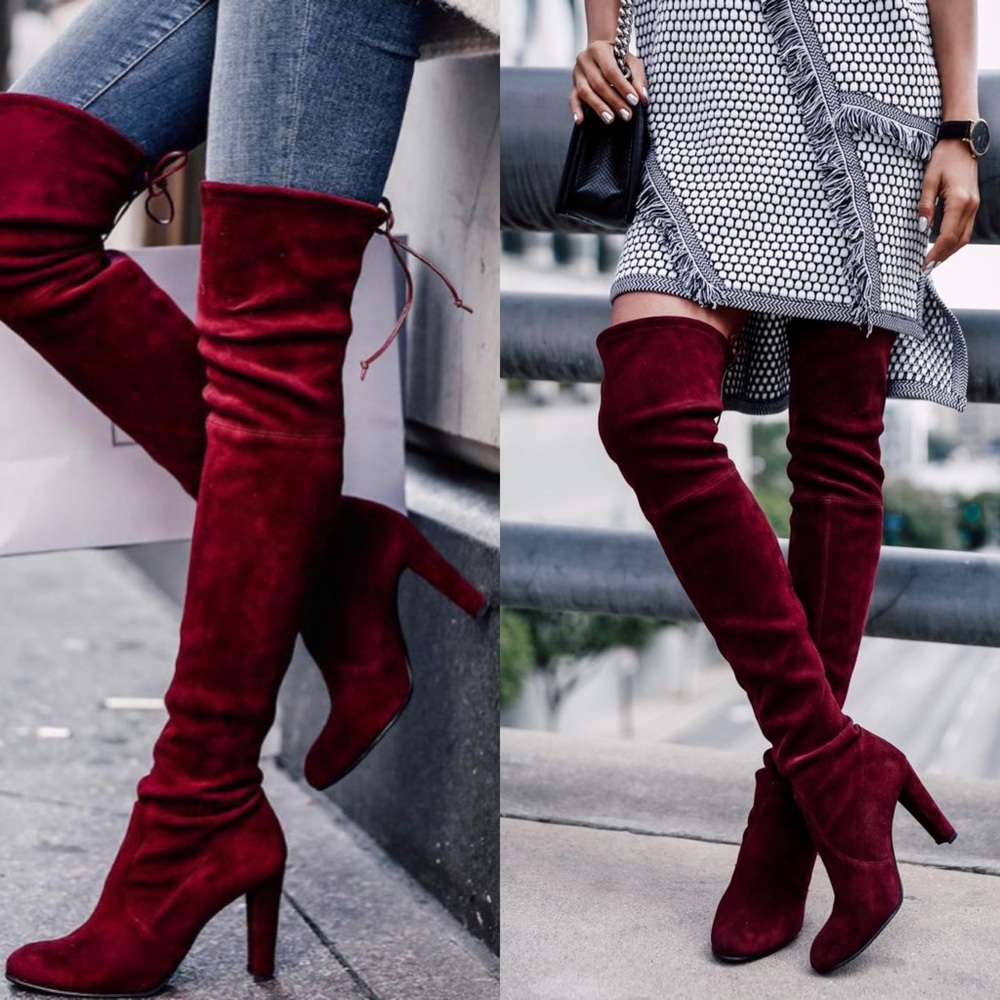 NWOT Red Wine Velvet Knee Tie Back Boots 7.5