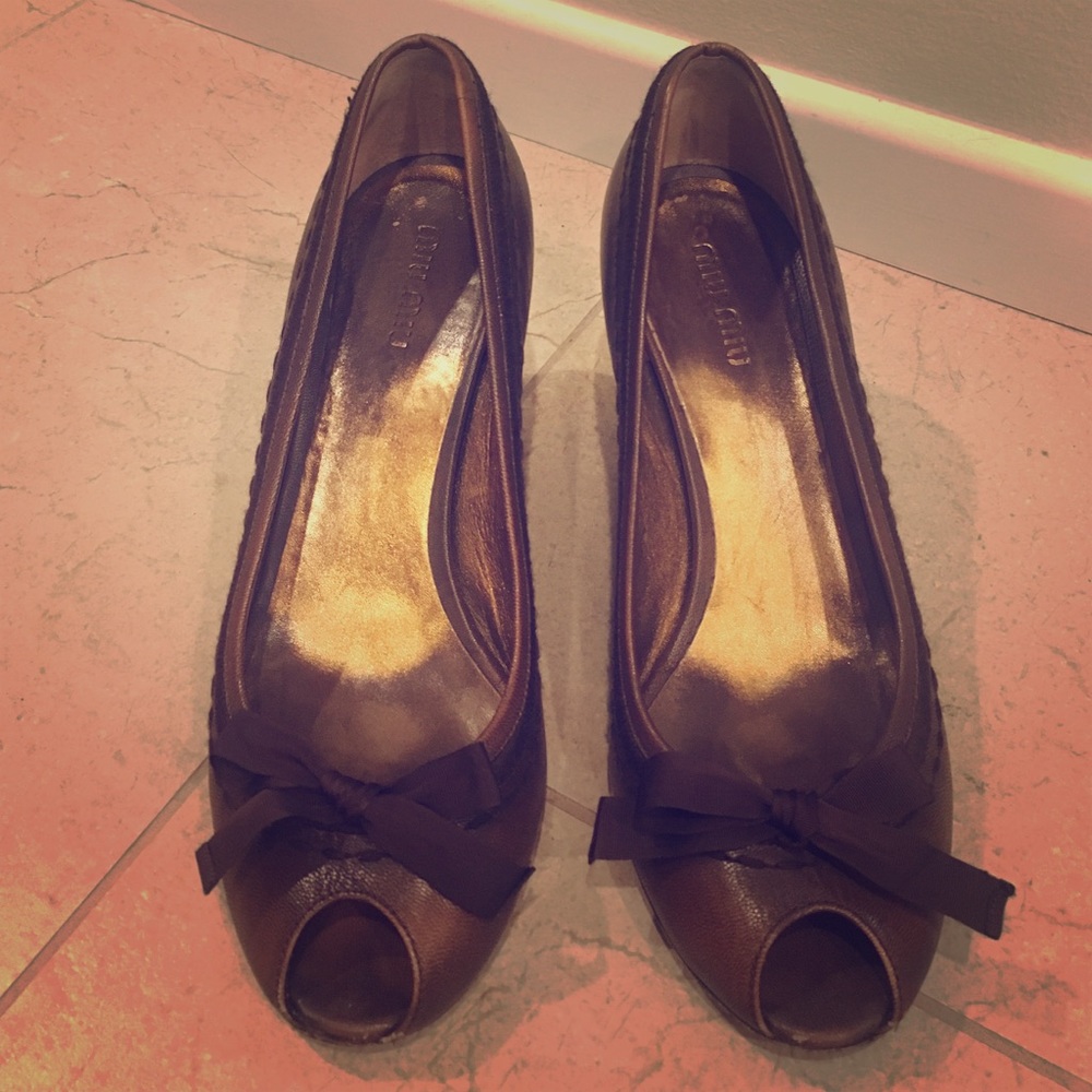 Miu Miu leather wood peeptoe wedges 36.5 - Picture 2 of 6