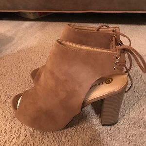 Tan, peep toe booties