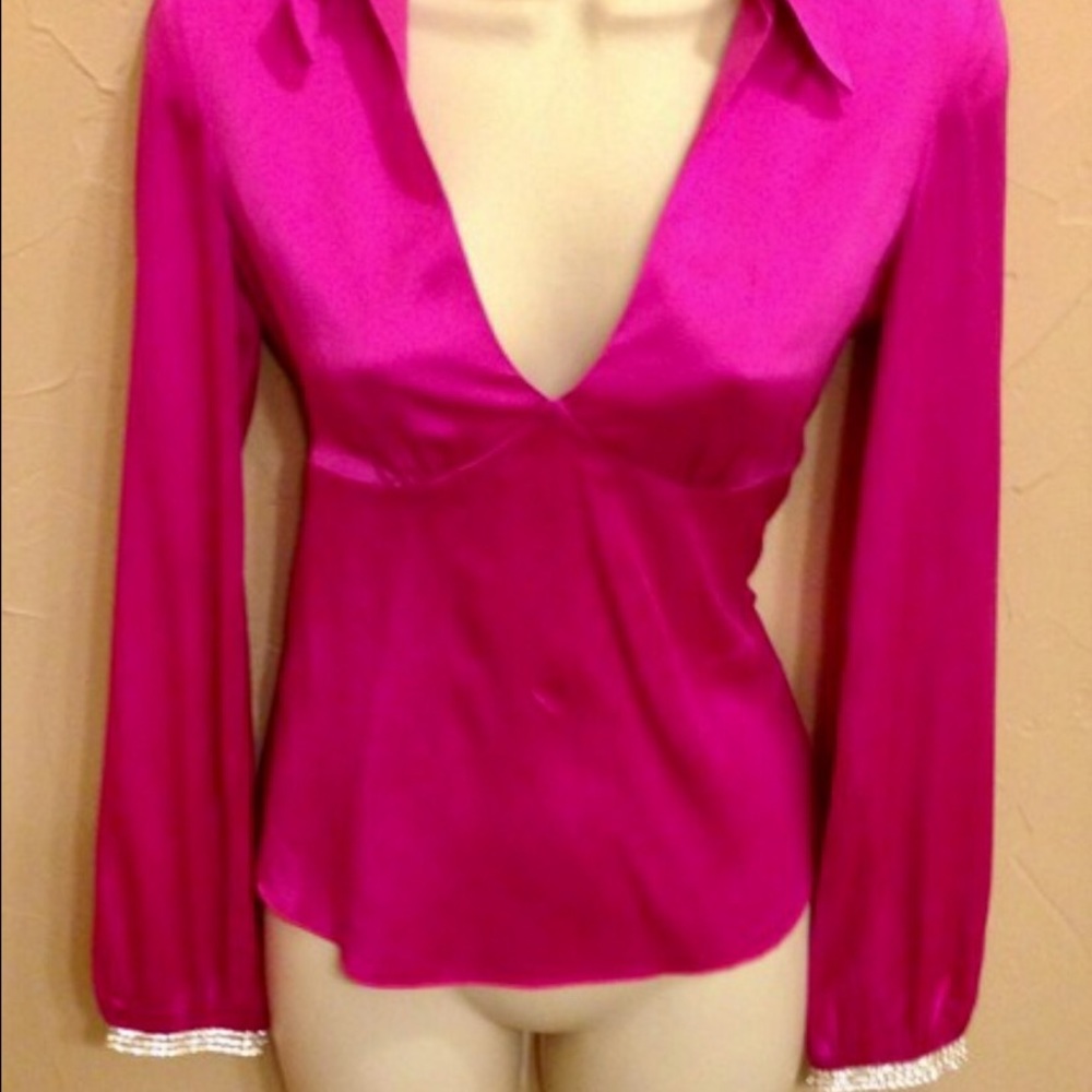 Trina Turk Fuschia Silk Rhinestone Blouse