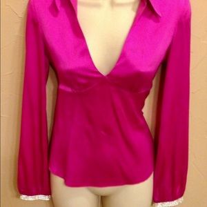 Trina Turk Fuschia Silk Rhinestone Blouse