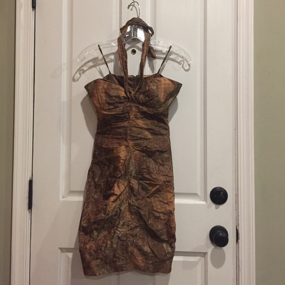 NICOLE MILLER bronze rouched convertible dress sz2