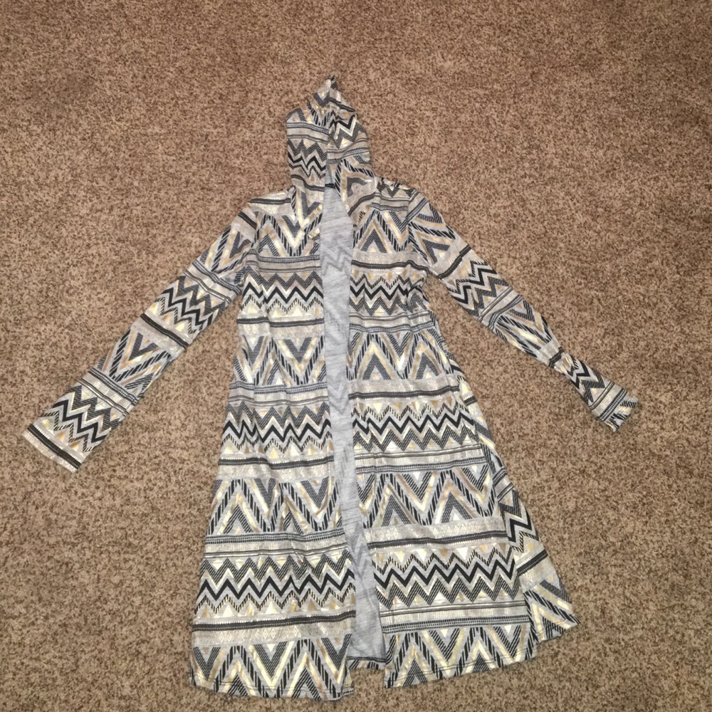 Long tribal printed gold foiled cardigan with hood