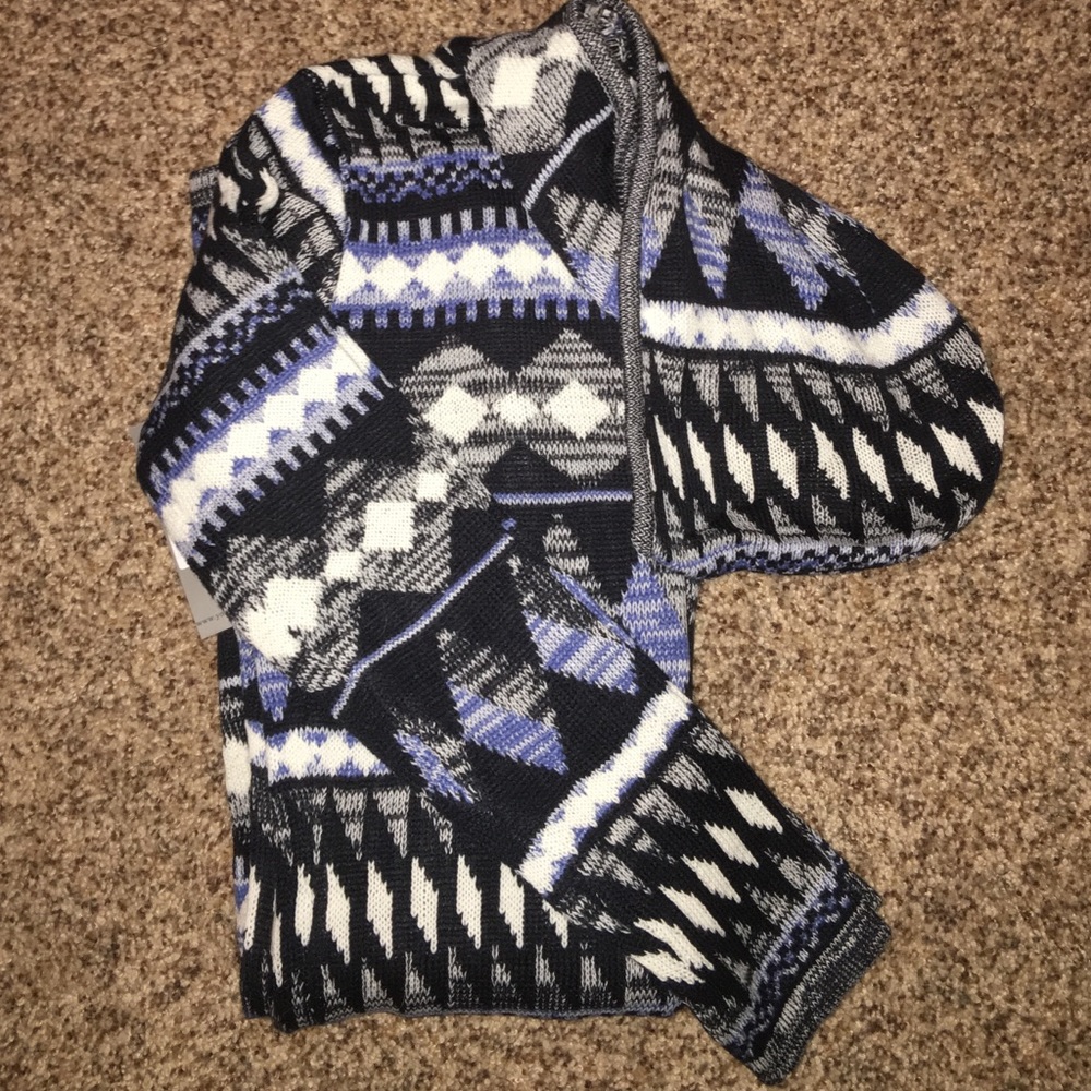 Long blue tribal printed cardigan with hood