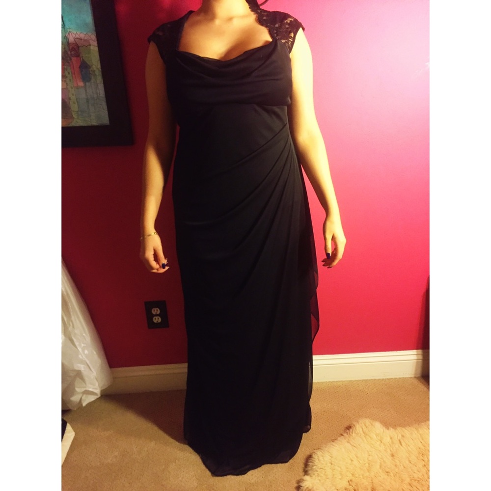 Black floor length dress with lace cap sleeve