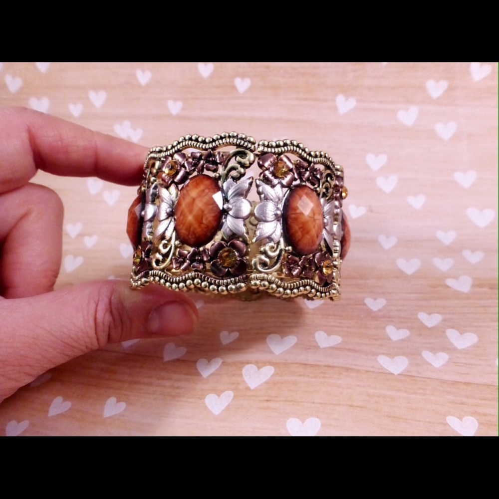 Amber / Coral Color Floral Cuff Bracelet