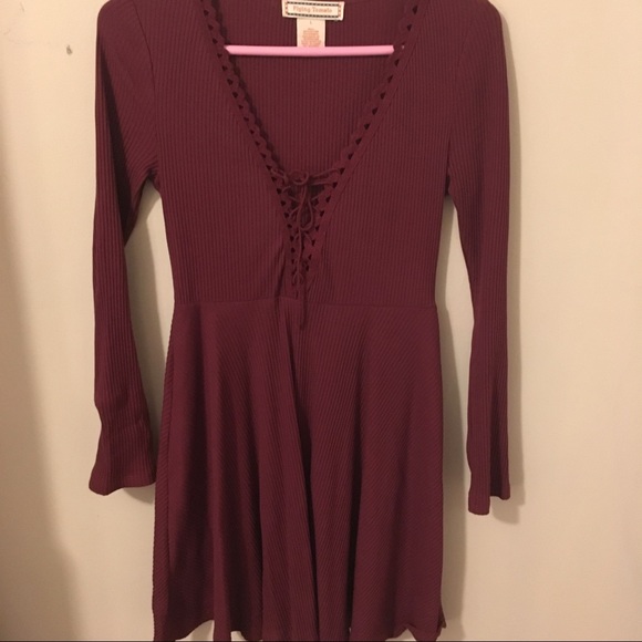 Lace Up Knitted Burgundy Wine Dress - Picture 2 of 3