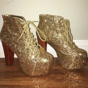 NEEDS TO GO! Jeffrey Campbell gold sparkly heels
