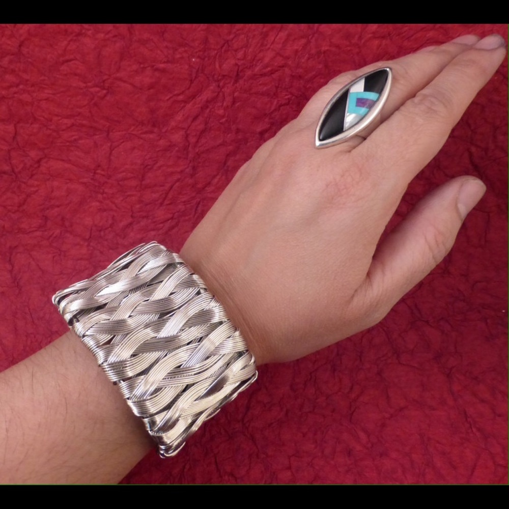 Braided Woven Silver Tone Cuff Bracelet