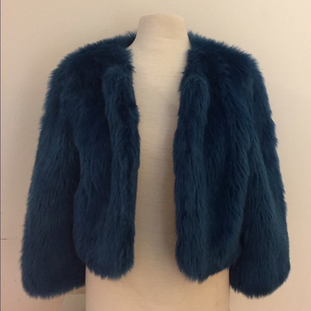 LOFT Electric Blue Faux Fur Cropped Jacket
