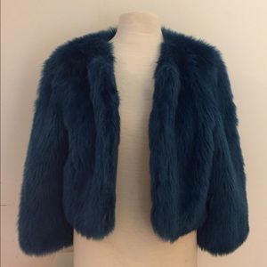 LOFT Electric Blue Faux Fur Cropped Jacket
