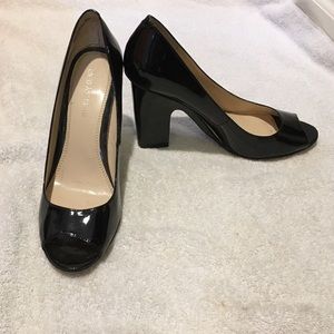 Enzo patten leather open toe block heel pump. EUC