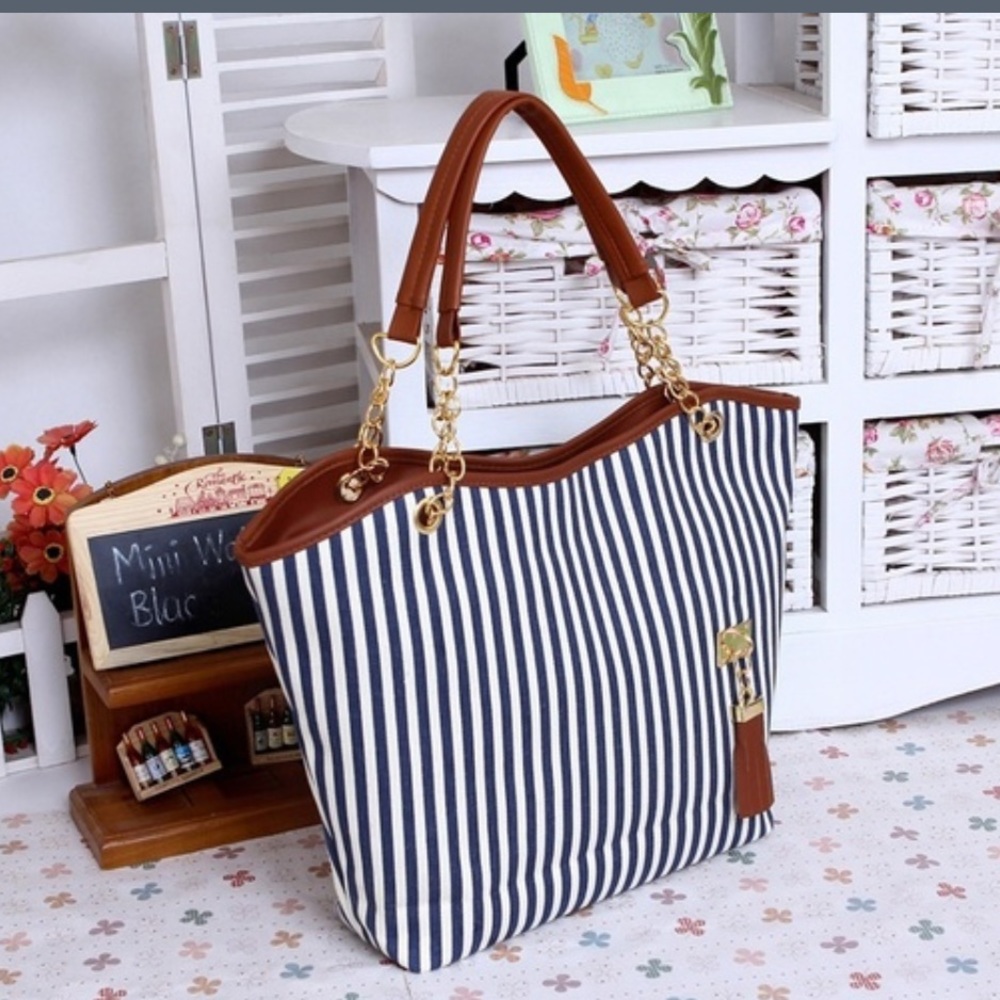 Fashion women chain stripe canvas bag shoulder bag