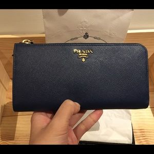 Blue Saffiano Leather Long Prada Wallet
