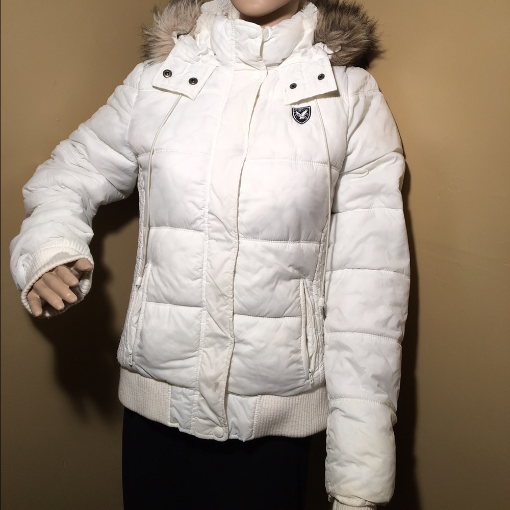 AE WHITE Faux Fur Hooded Puffer Cropped L