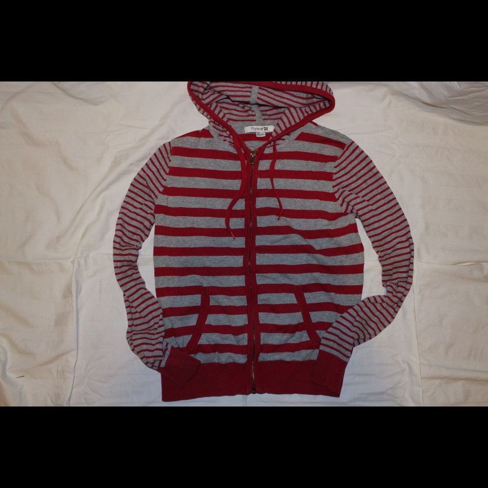 Forever21 grey and ref stripped hoodie