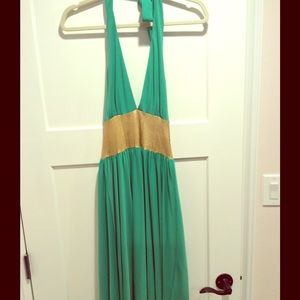 Green and gold halter style dress