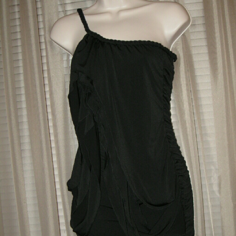 S  M 1-Strap Mini Black Bodycon Ruffle Dress