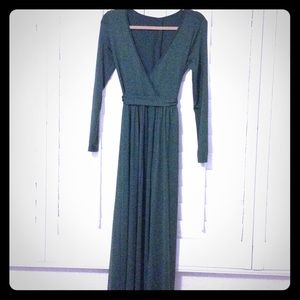Longsleeve green plunging neckline faux wrap dress